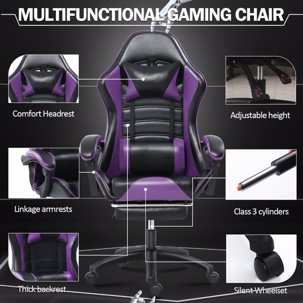 电竞椅，成人电子游戏椅，符合人体工程学，PU皮革，带脚凳和腰部支撑的躺椅办公椅，适合重型人群的舒适电脑椅，紫色-7
