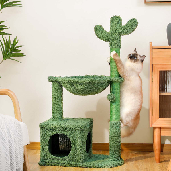 仙人掌猫树 40 英寸猫塔，带大型金属地毯吊床，室内猫猫抓柱，带公寓和悬挂球，绿色-1
