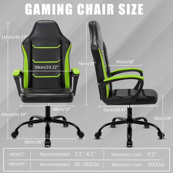 电子游戏电脑椅，带扶手办公椅，可调节高度旋转式 PU 皮革大班椅，带轮子，适合成人 女性 男性，绿色-2