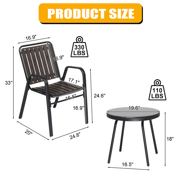 2pcs椅子+1pc茶几 铁+PP 黑色框架 咖色塑料板 庭院铁桌椅套装-8
