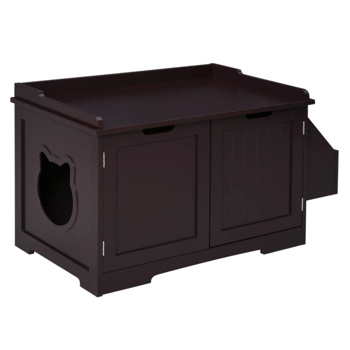 棕色木制猫砂盒，猫洗手间，床头柜，茶几