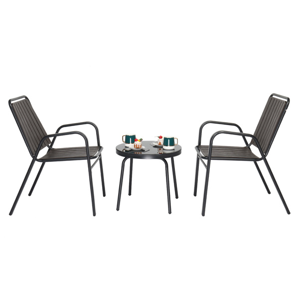2pcs椅子+1pc茶几 铁+PP 黑色框架 咖色塑料板 庭院铁桌椅套装-16
