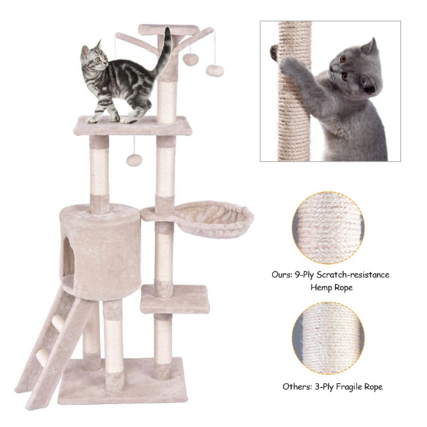 米色猫爬架、猫树、带吊床和房间的猫塔-3