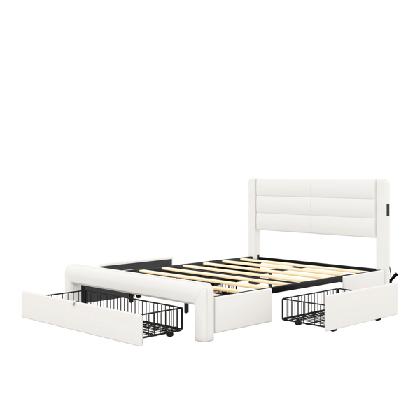 大号床架带抽屉储物空间，皮革软垫平台床带充电站-白色-16