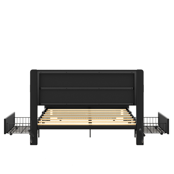 大号床架带抽屉储物空间，皮革软垫平台床带充电站-黑色-16