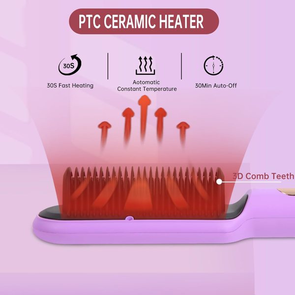 三部负离子直发梳 Negative Ionic Hair Straightener Brush with 9 Temp Settings, 30s Fast Heating, Hair Straightening Comb with LED Display, Anti-Scald & Auto-Shut Off Hair Straightening Iron (Purple)-5