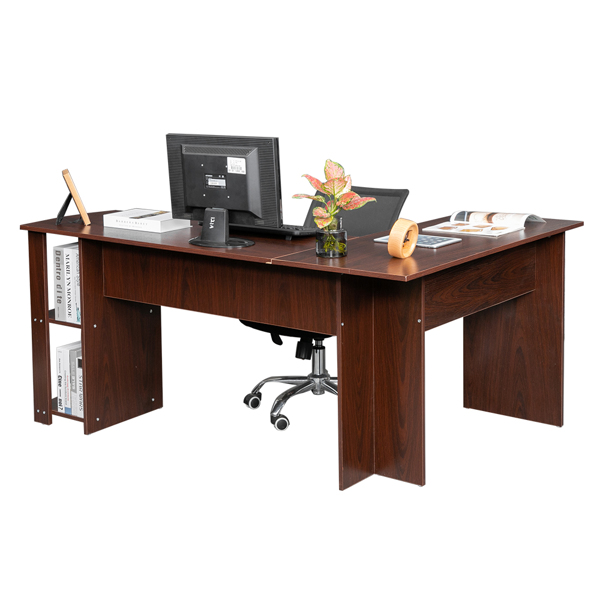 L型木质电脑办公桌带2层置物层-深棕色 【DC】-29