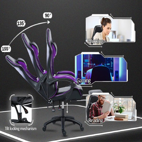 电竞椅，成人电子游戏椅，符合人体工程学，PU皮革，带脚凳和腰部支撑的躺椅办公椅，适合重型人群的舒适电脑椅，紫色-13