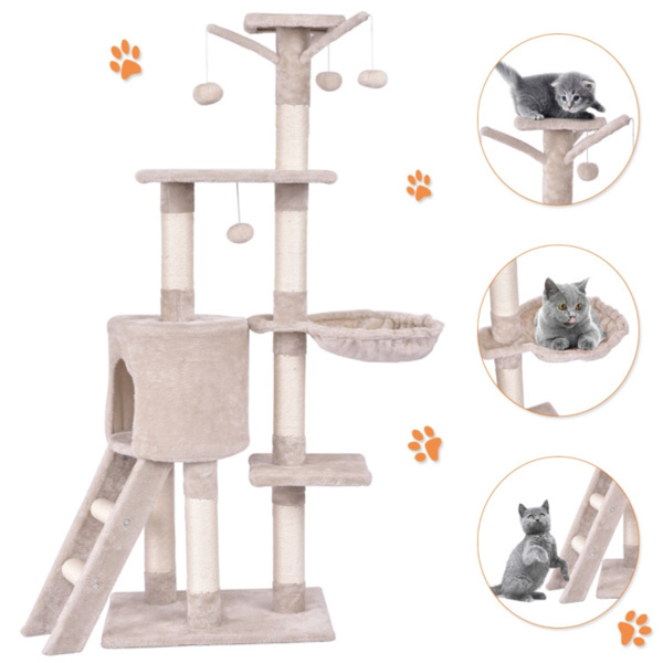 米色猫爬架、猫树、带吊床和房间的猫塔-4