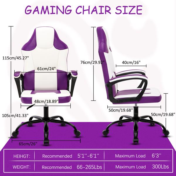 成人游戏椅，带扶手的游戏椅办公椅，可调节高度的儿童游戏椅，带轮子的舒适电脑椅电竞椅，紫色-2