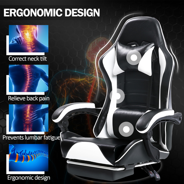 电竞椅，成人电子游戏椅，符合人体工程学，PU皮革，带脚凳和腰部支撑的躺椅办公椅，适合重型人群的舒适电脑椅，白色-7