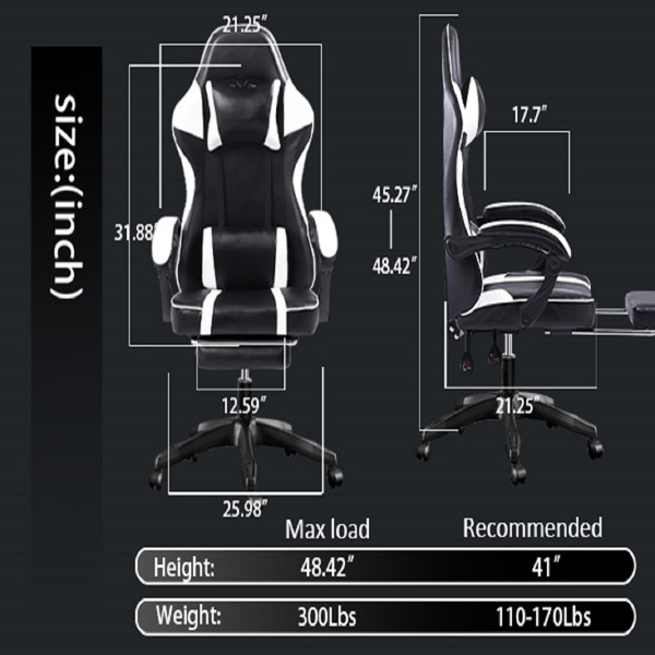 成人电子游戏椅，带脚凳的PU皮革游戏椅，360°旋转可调节腰枕游戏椅，适合重型人群的舒适电脑椅，白色-14