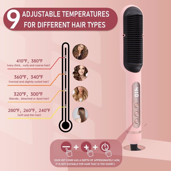 三部负离子直发梳 Negative Ionic Hair Straightener Brush with 9 Temp Settings, 30s Fast Heating, Hair Straightening Comb with LED Display, Anti-Scald & Auto-Shut Off Hair Straightening Iron (Pink)-2