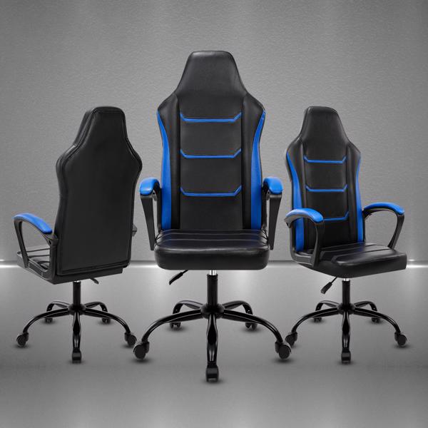 电子游戏电脑椅，带扶手办公椅，可调节高度旋转式 PU 皮革大班椅，带轮子，适合成人 女性 男性，蓝色-7