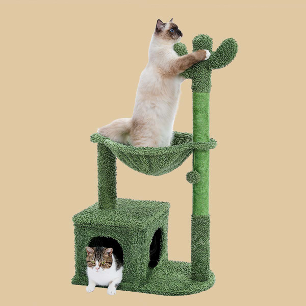 仙人掌猫树 40 英寸猫塔，带大型金属地毯吊床，室内猫猫抓柱，带公寓和悬挂球，绿色-2