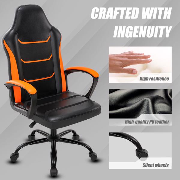 电子游戏电脑椅，带扶手办公椅，可调节高度旋转式 PU 皮革大班椅，带轮子，适合成人 女性 男性，橙色-5