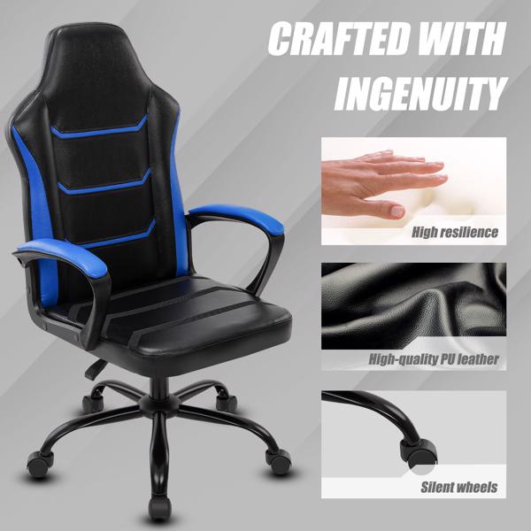 电子游戏电脑椅，带扶手办公椅，可调节高度旋转式 PU 皮革大班椅，带轮子，适合成人 女性 男性，蓝色-5