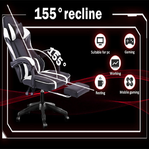 成人电子游戏椅，带脚凳的PU皮革游戏椅，360°旋转可调节腰枕游戏椅，适合重型人群的舒适电脑椅，白色-16