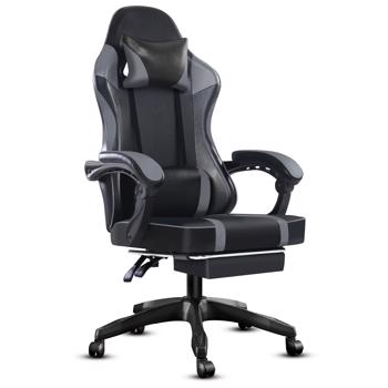 成人电子游戏椅，带脚凳的PU皮革游戏椅，360°旋转可调节腰枕游戏椅，适合重型人群的舒适电脑椅，灰色