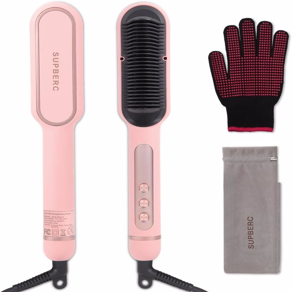 三部负离子直发梳 Negative Ionic Hair Straightener Brush with 9 Temp Settings, 30s Fast Heating, Hair Straightening Comb with LED Display, Anti-Scald & Auto-Shut Off Hair Straightening Iron (Pink)-10