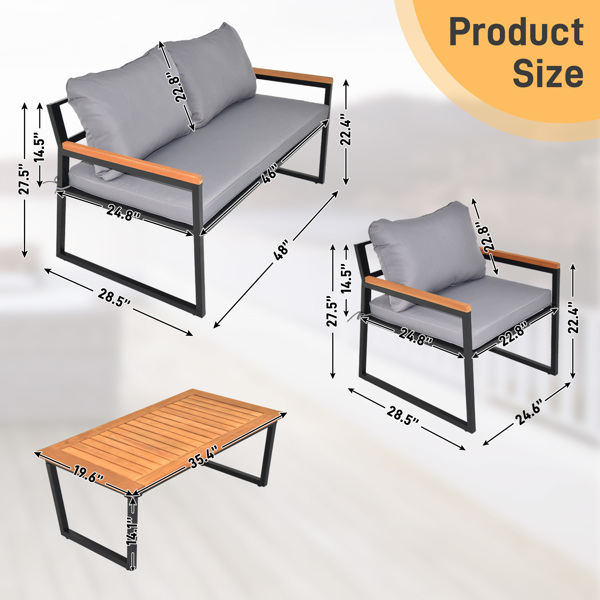 4pcs沙发 相思木扶手 灰色垫子 庭院铁桌椅套装-7