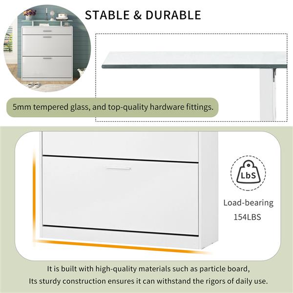 [提供视频] 超薄入口收纳架，带 2 个翻盖抽屉，带抽屉的钢化玻璃顶鞋柜，带 LED 灯的独立式鞋架，适用于走廊，白色-7