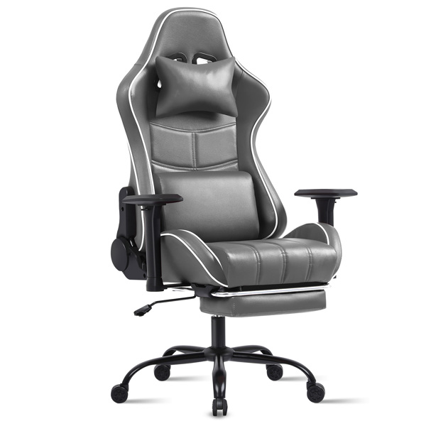 成人电脑游戏椅，适合体重较重人士使用的人体工学电脑椅，可调节腰靠背办公桌椅（带脚踏板），360° 旋转座椅 PU 皮革游戏椅，深灰-1