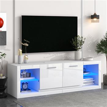[提供视频] 潮流现代电视柜，带 2 个钢化玻璃搁板，高光泽娱乐中心，可容纳 70 英寸电视，优雅电视柜带 LED 变色灯，适合客厅，白色