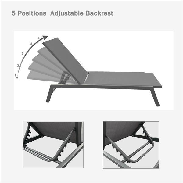 户外躺椅，五档可调节铝制躺椅，适合全天候露台、海滩、庭院、泳池（灰色框架/深灰色面料）-5