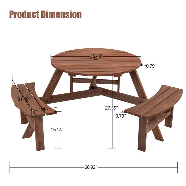 6 人圆形户外木制野餐桌，适用于露台、后院、花园、DIY，带 3 个内置长凳，容量 1720 磅 - 棕色-11