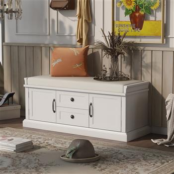 储物凳带 2 个抽屉和 2 个橱柜，鞋凳带可拆卸垫子，适用于客厅、入口处（白色）