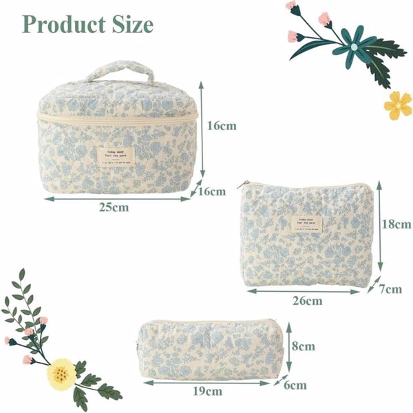 女士化妆袋（3件套）可爱的花卉化妆包，组织储物化妆包，旅行洗漱袋，手提包钱包-7