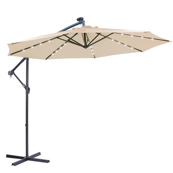 10 英尺太阳能 LED 露台户外遮阳伞悬挂式悬臂遮阳伞偏置遮阳伞易于打开调节带 32 个 LED 灯 - 棕褐色-1