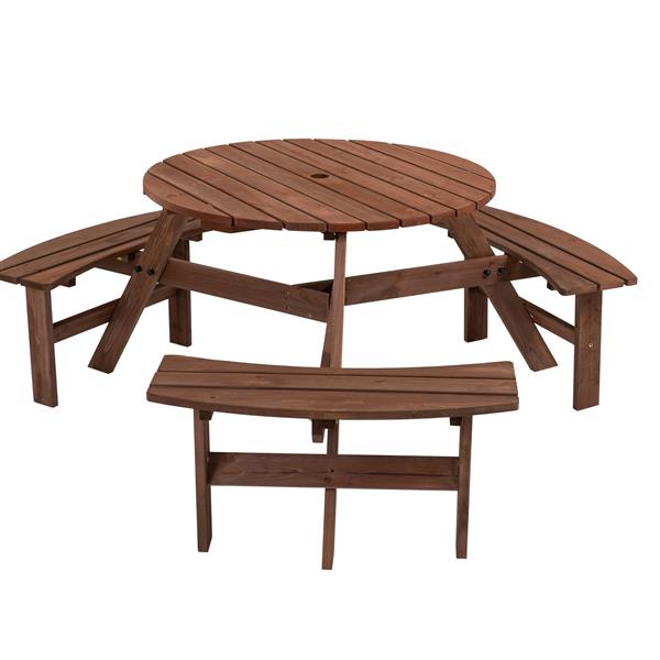 6 人圆形户外木制野餐桌，适用于露台、后院、花园、DIY，带 3 个内置长凳，容量 1720 磅 - 棕色-1