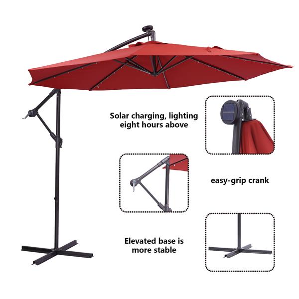 10 英尺太阳能 LED 露台户外遮阳伞悬挂式悬臂遮阳伞偏置遮阳伞易于打开调节，配有 32 个 LED 灯-9