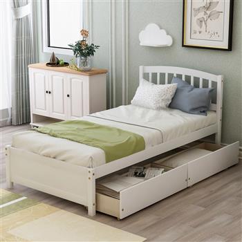 双平台储物床木质床架，带两个抽屉和床头板，白色