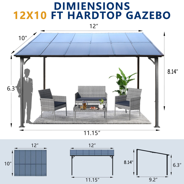 10' x 12' 户外凉棚凉亭，壁挂式带屋顶金属遮阳篷凉亭，重型大型凉亭，适用于庭院、露台、后院 -2