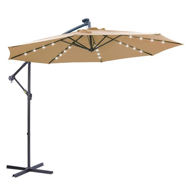 10 英尺太阳能 LED 露台户外遮阳伞悬挂式悬臂遮阳伞偏置遮阳伞易于打开调节带 32 个 LED 灯 - 灰褐色-1