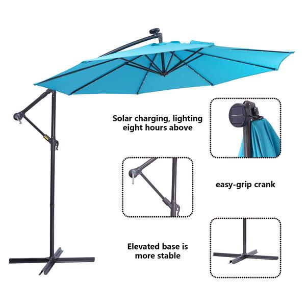 10 英尺太阳能 LED 露台户外遮阳伞悬挂式悬臂遮阳伞偏置遮阳伞易于打开调节，配有 32 个 LED 灯-11