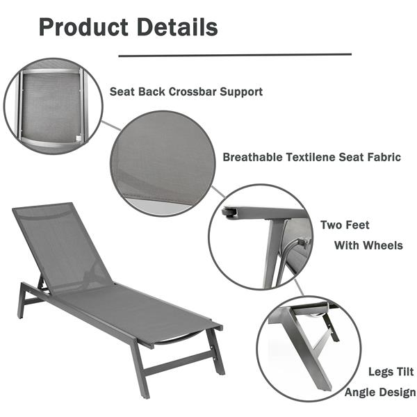 户外躺椅，五档可调节铝制躺椅，适合全天候露台、海滩、庭院、泳池（灰色框架/深灰色面料）-3