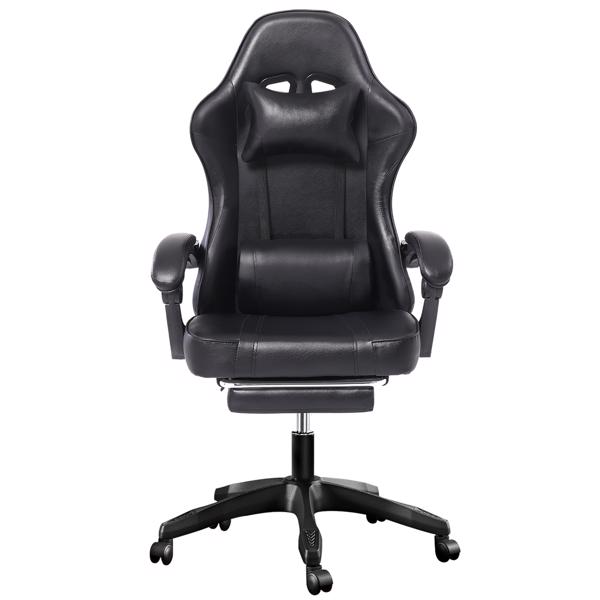 带脚踏板的人体工学游戏椅，适合体重较重人士使用的舒适电脑椅，可调节腰靠背办公椅，带 360° 旋转座椅，成人用 PU 皮革游戏椅，黑色-1