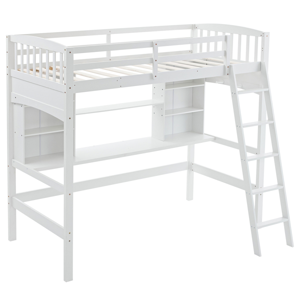 高架床 带层架 带书桌 斜梯 白色 twin 木床  松木 刨花板 N101-3