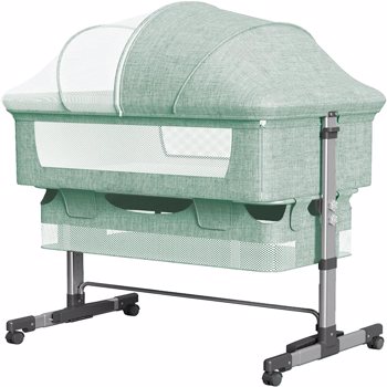 3合1床边婴儿床，可调节的便携式婴儿/婴儿/新生儿床，配有蚊帐，大收纳袋，舒适的床垫，可锁轮，绿色