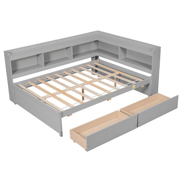 带 L 型书柜、抽屉的双人床，灰色-8