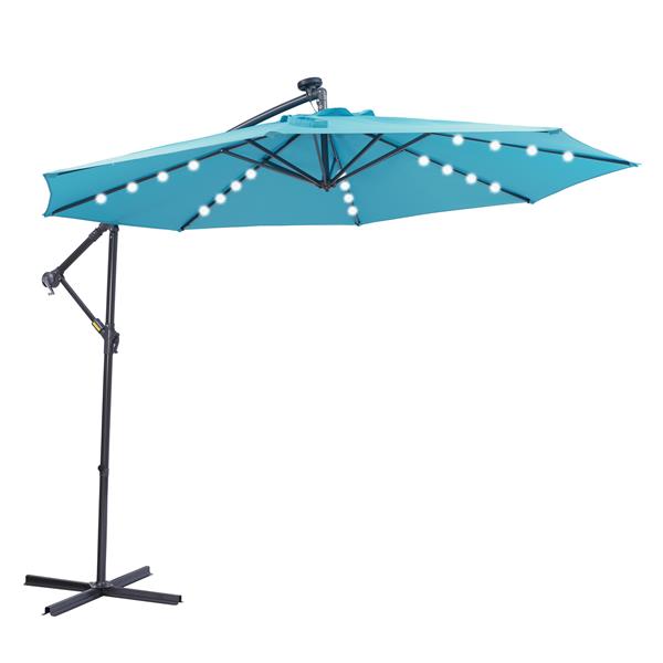 10 英尺太阳能 LED 露台户外遮阳伞悬挂式悬臂遮阳伞偏置遮阳伞易于打开调节，配有 32 个 LED 灯-1