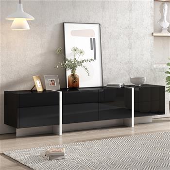 时尚白色和黑色现代矩形设计电视柜，独特风格的电视控制台桌，可容纳最大 80 英寸的电视，现代电视柜带有高光泽 UV 表面，适用于客厅。