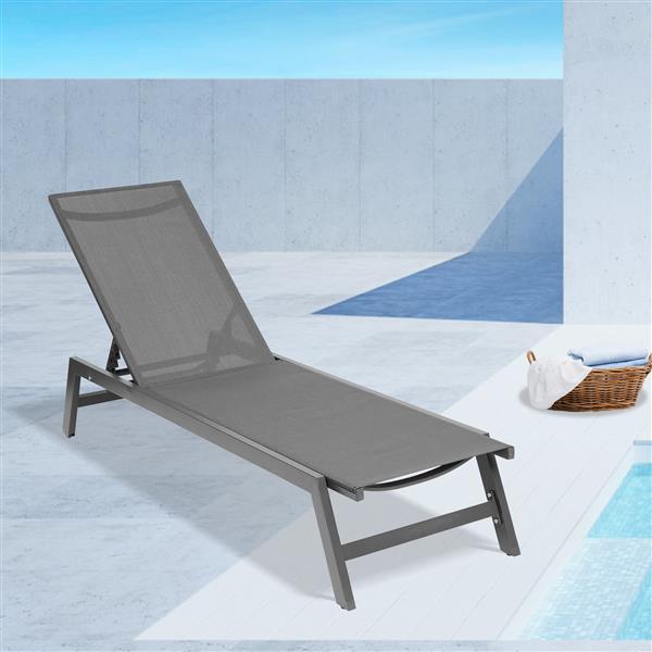 户外躺椅，五档可调节铝制躺椅，适合全天候露台、海滩、庭院、泳池（灰色框架/深灰色面料）-9