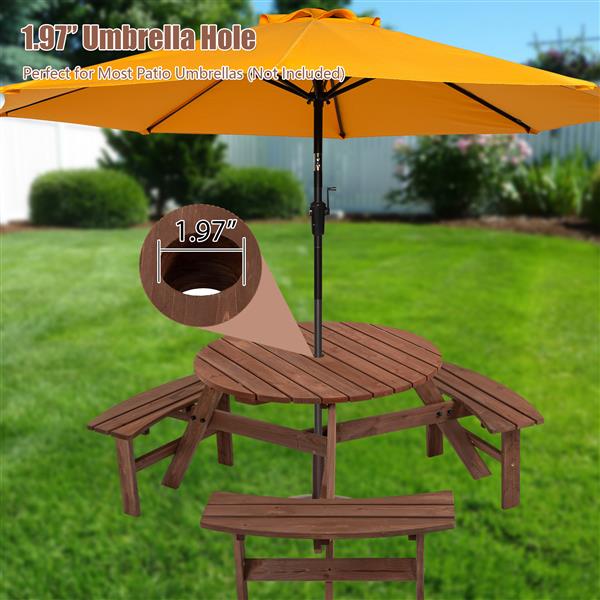 6 人圆形户外木制野餐桌，适用于露台、后院、花园、DIY，带 3 个内置长凳，容量 1720 磅 - 棕色-12