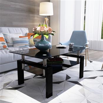 矩形黑色玻璃咖啡桌，透明咖啡桌，现代客厅侧边中心桌，客厅家具