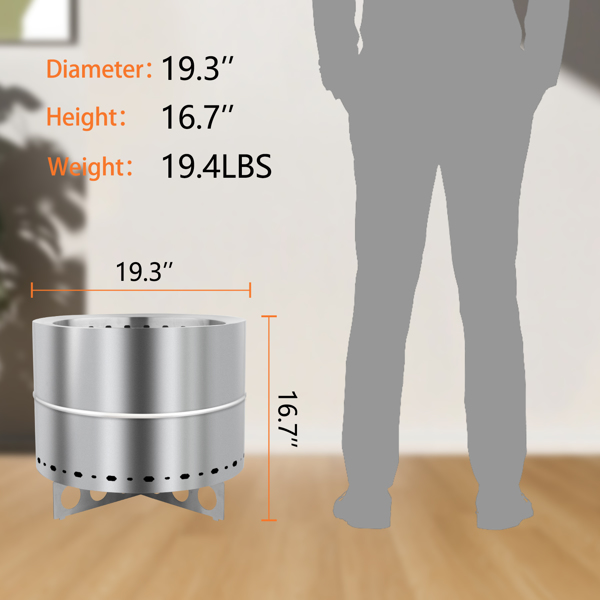 19.3*19.3*16.7in 圆柱形 一体宽边式 烧柴火盆 不锈钢 银色 无烟炉 带提手 带十字底座 带收纳袋-1